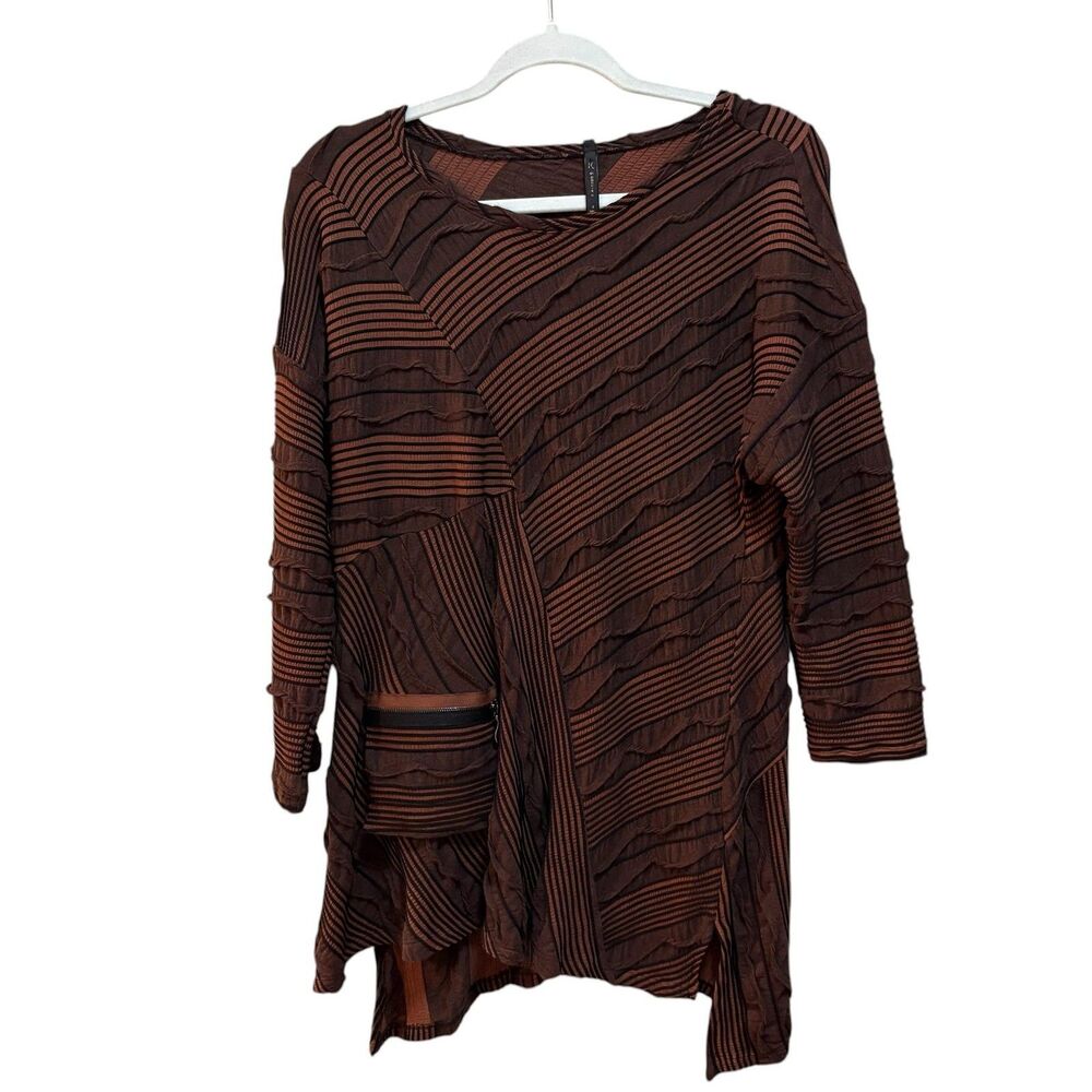 IC By Connie K Tunic Blouse Womens Small Brown Striped Pocket Zip 3/4 Sleeve Top - Picture 2 of 5